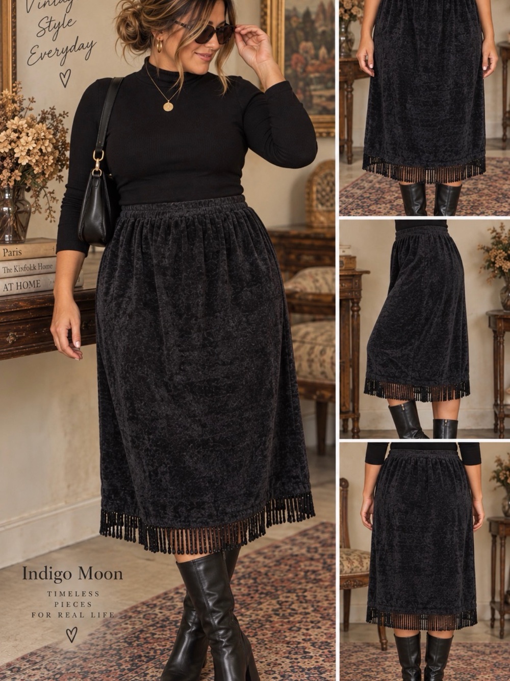 Indigo Black Velvet Fringe Midi Skirt - Indigo